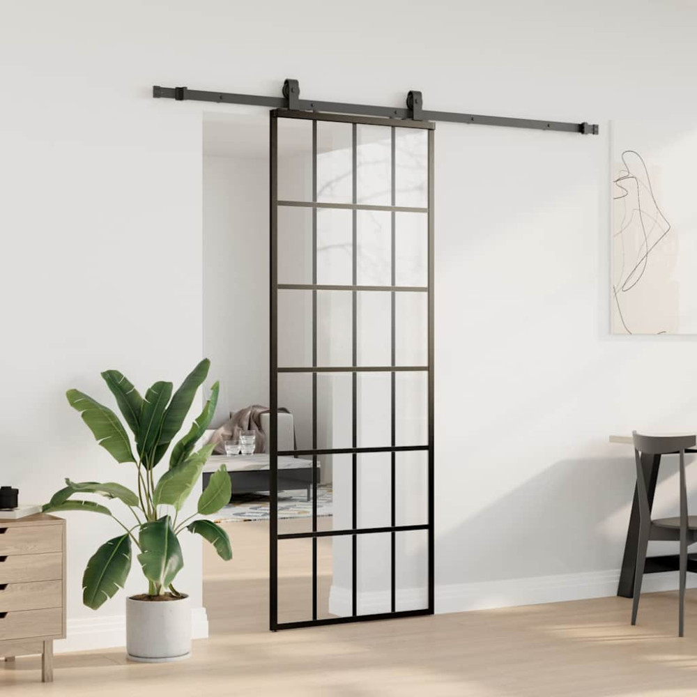 Produktbild för Skjutdörr med beslag svart 76x205 cm ESG-glas