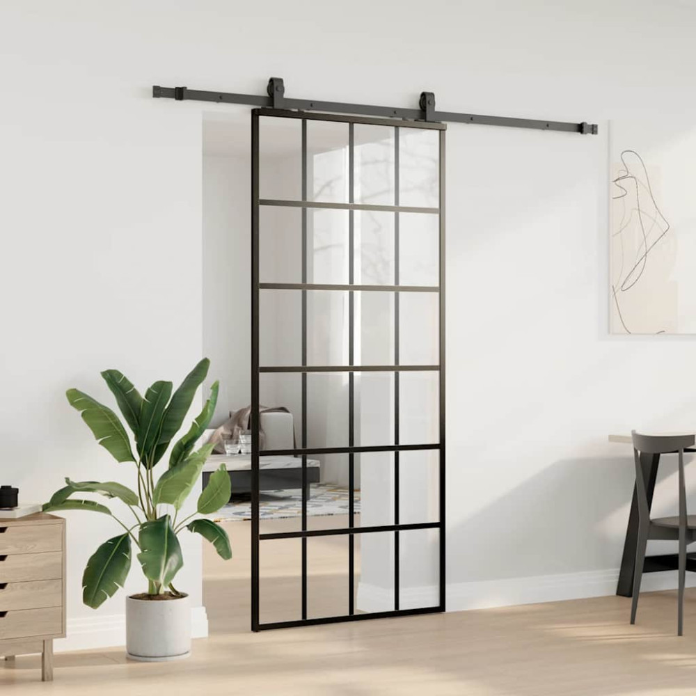 Produktbild för Skjutdörr med beslag svart 90x205 cm ESG-glas