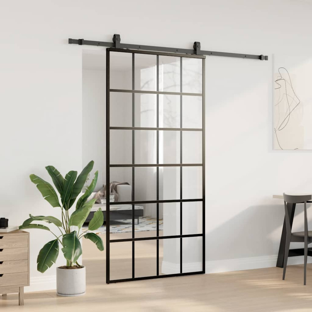 Produktbild för Skjutdörr med beslag svart 102x205 cm ESG-glas
