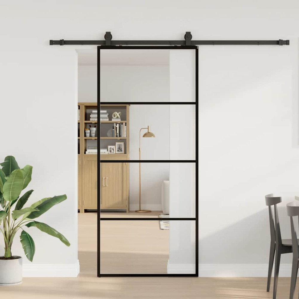 Produktbild för Skjutdörr med beslag svart 90x205 cm ESG-glas