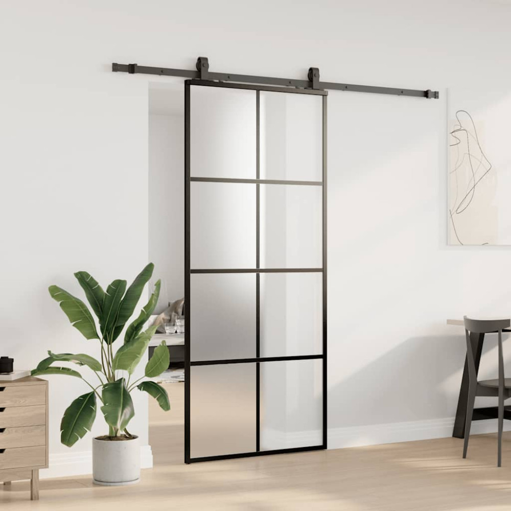 Produktbild för Skjutdörr med beslag svart 90x205 cm ESG-glas