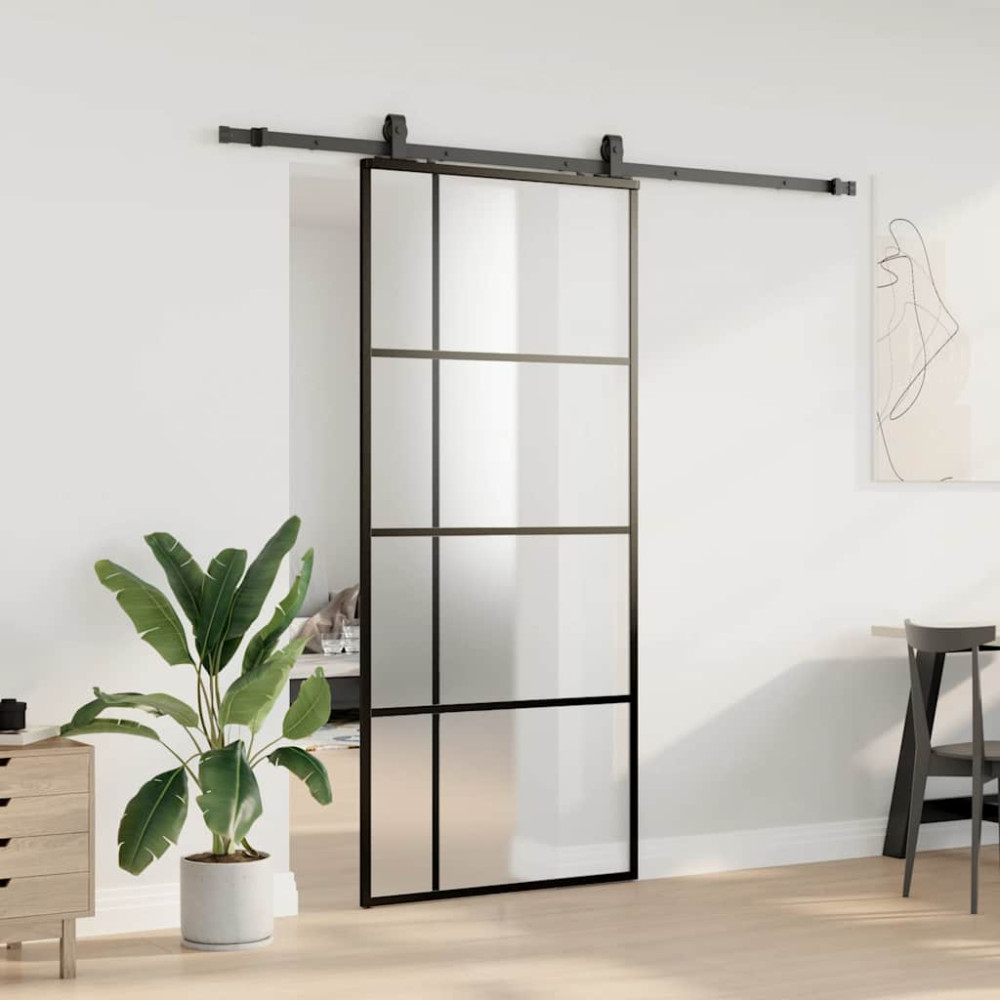 Produktbild för Skjutdörr med beslag svart 90x205 cm ESG-glas