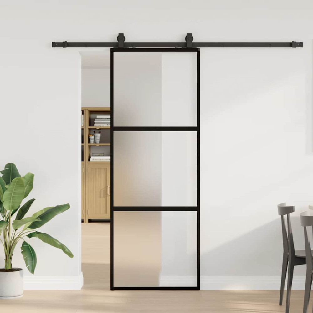 Produktbild för Skjutdörr med beslag svart 76x205 cm härdat glas