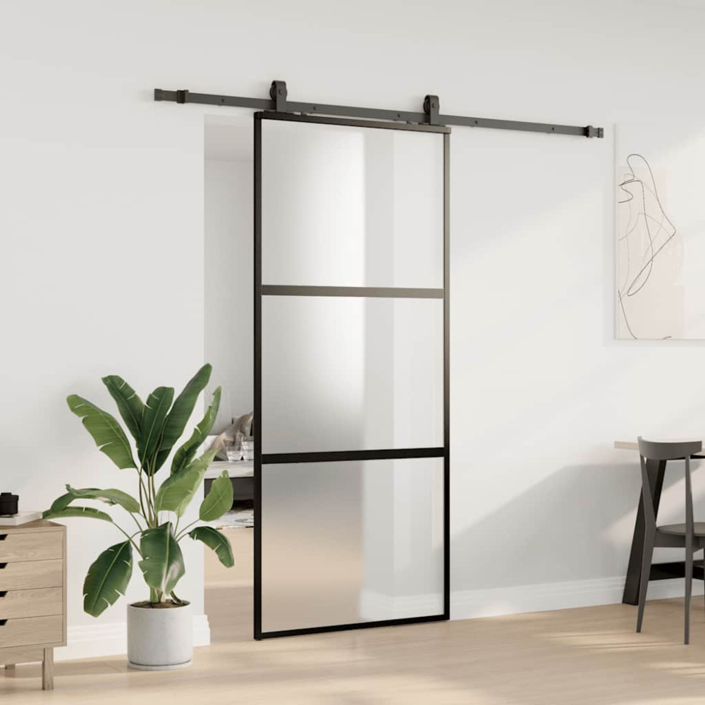 Produktbild för Skjutdörr med beslagssats svart 90x205 cm härdat glas