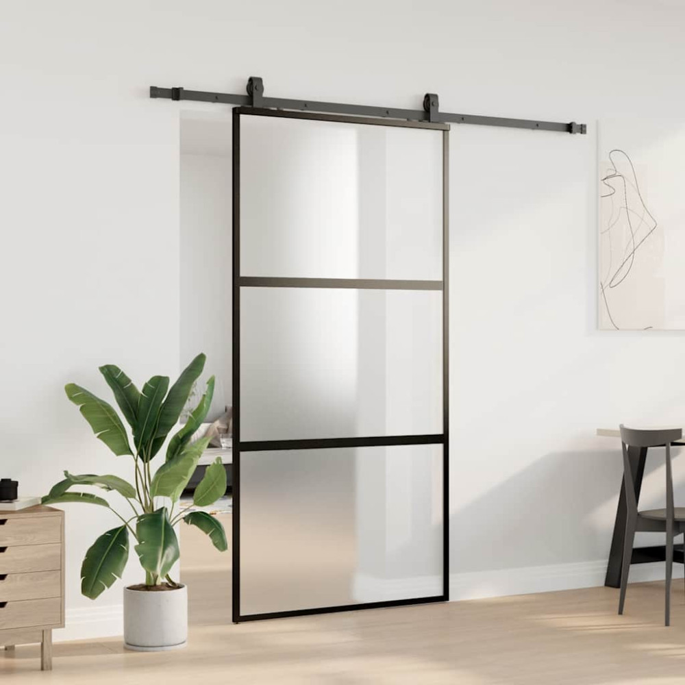 Produktbild för Skjutdörr med beslag svart 102,5x205 cm härdat glas