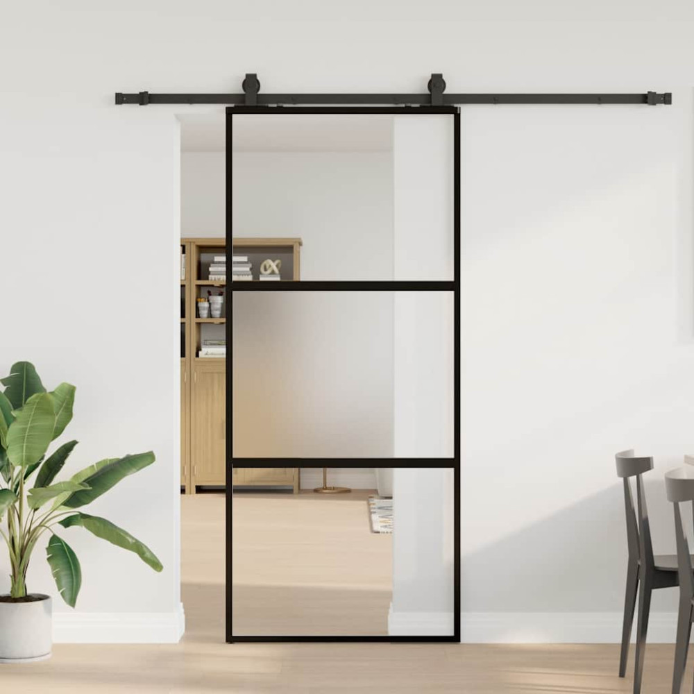 Produktbild för Skjutdörr med beslagssats svart 90x205 cm härdat glas