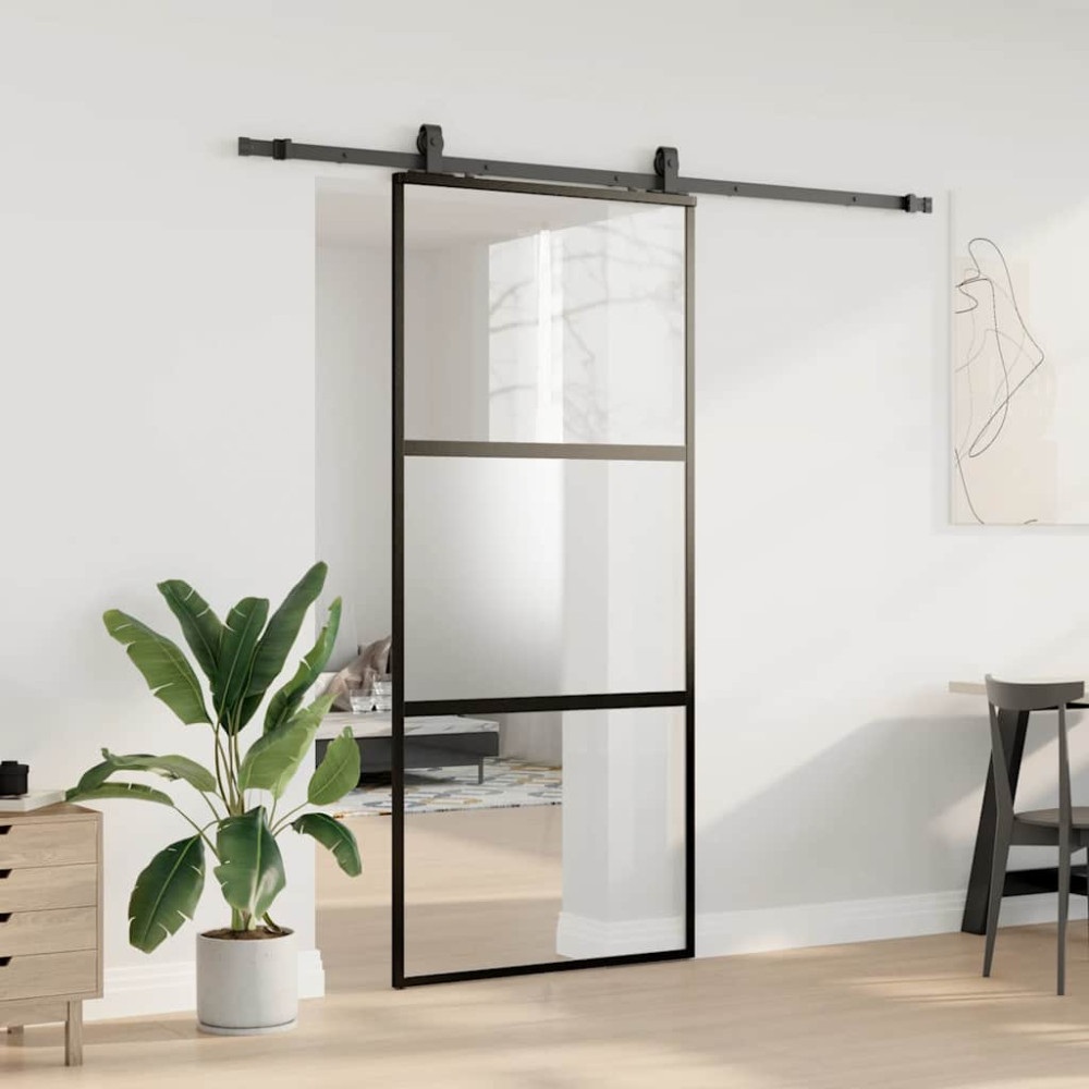 Produktbild för Skjutdörr med beslagssats svart 90x205 cm härdat glas