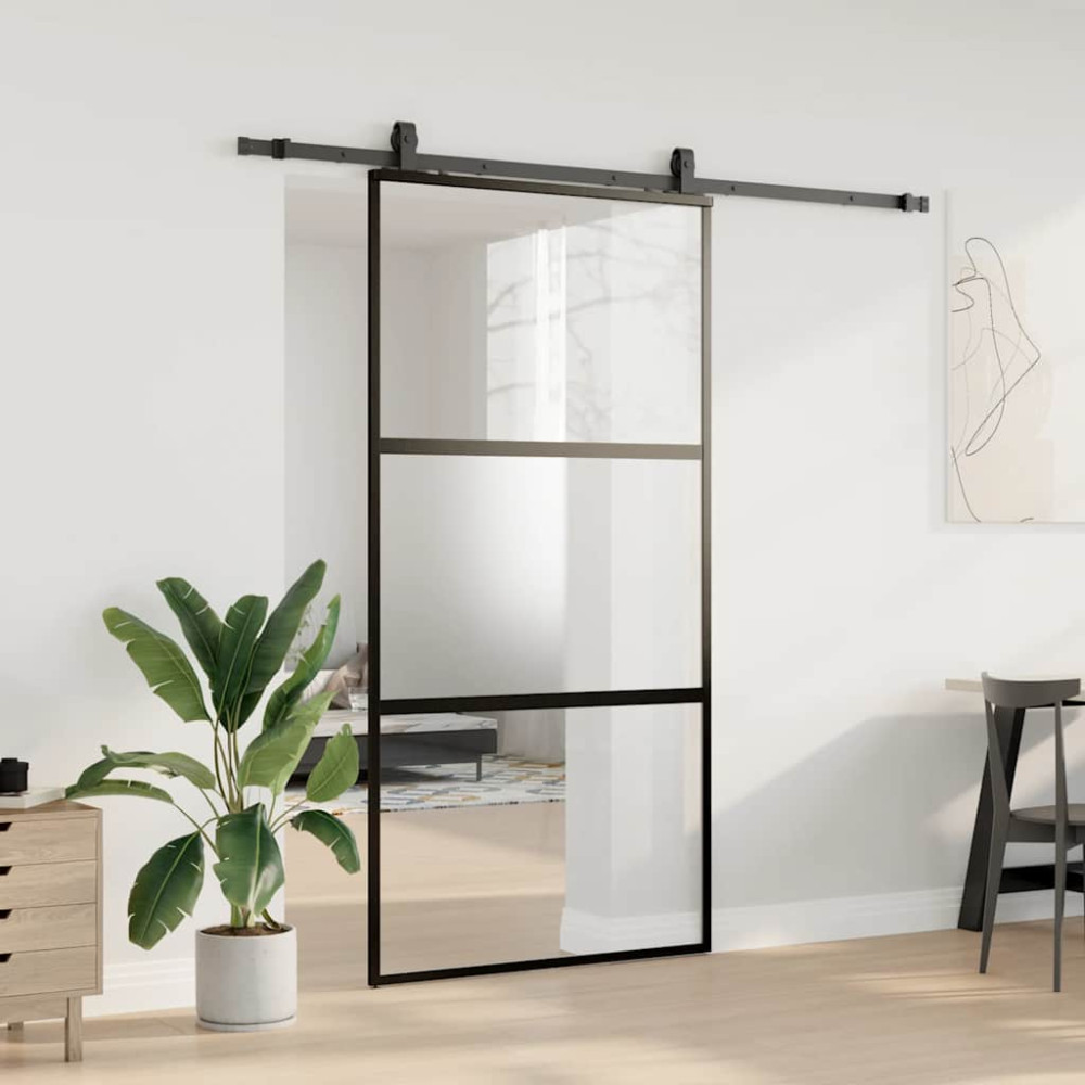 Produktbild för Skjutdörr med beslag svart 102,5x205 cm härdat glas