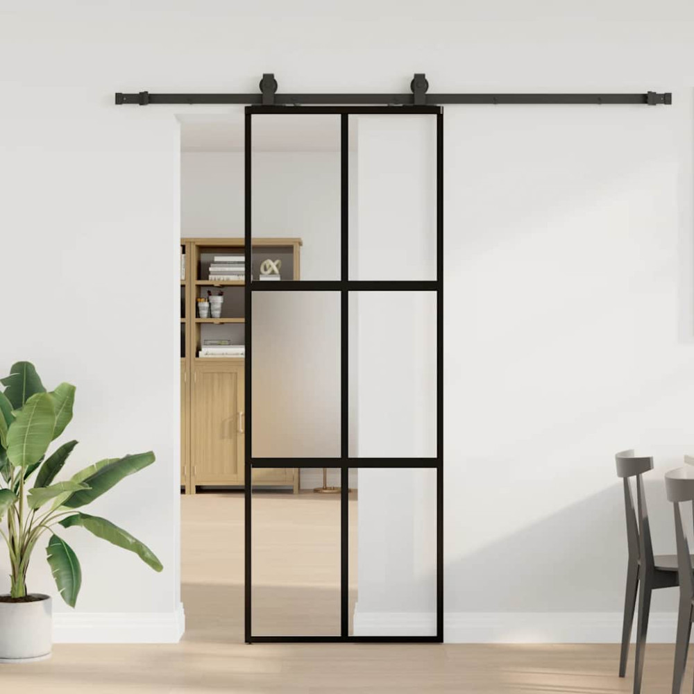Produktbild för Skjutdörr med beslag svart 76x205 cm härdat glas
