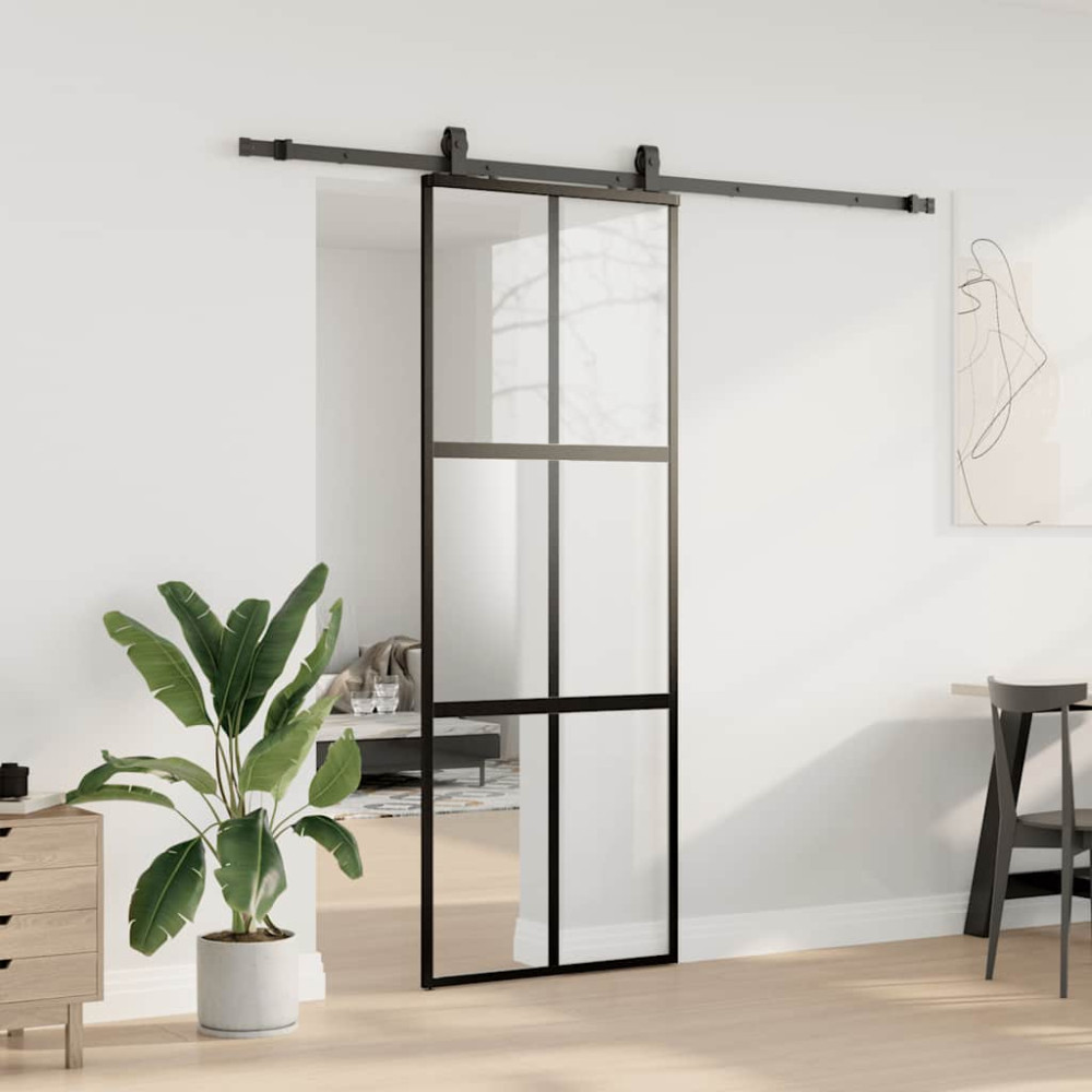 Produktbild för Skjutdörr med beslag svart 76x205 cm härdat glas