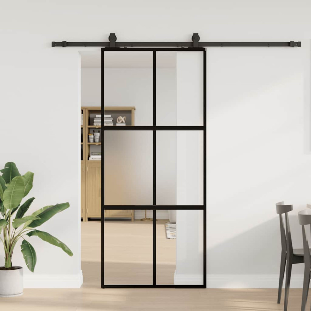 Produktbild för Skjutdörr med beslagssats svart 90x205 cm härdat glas