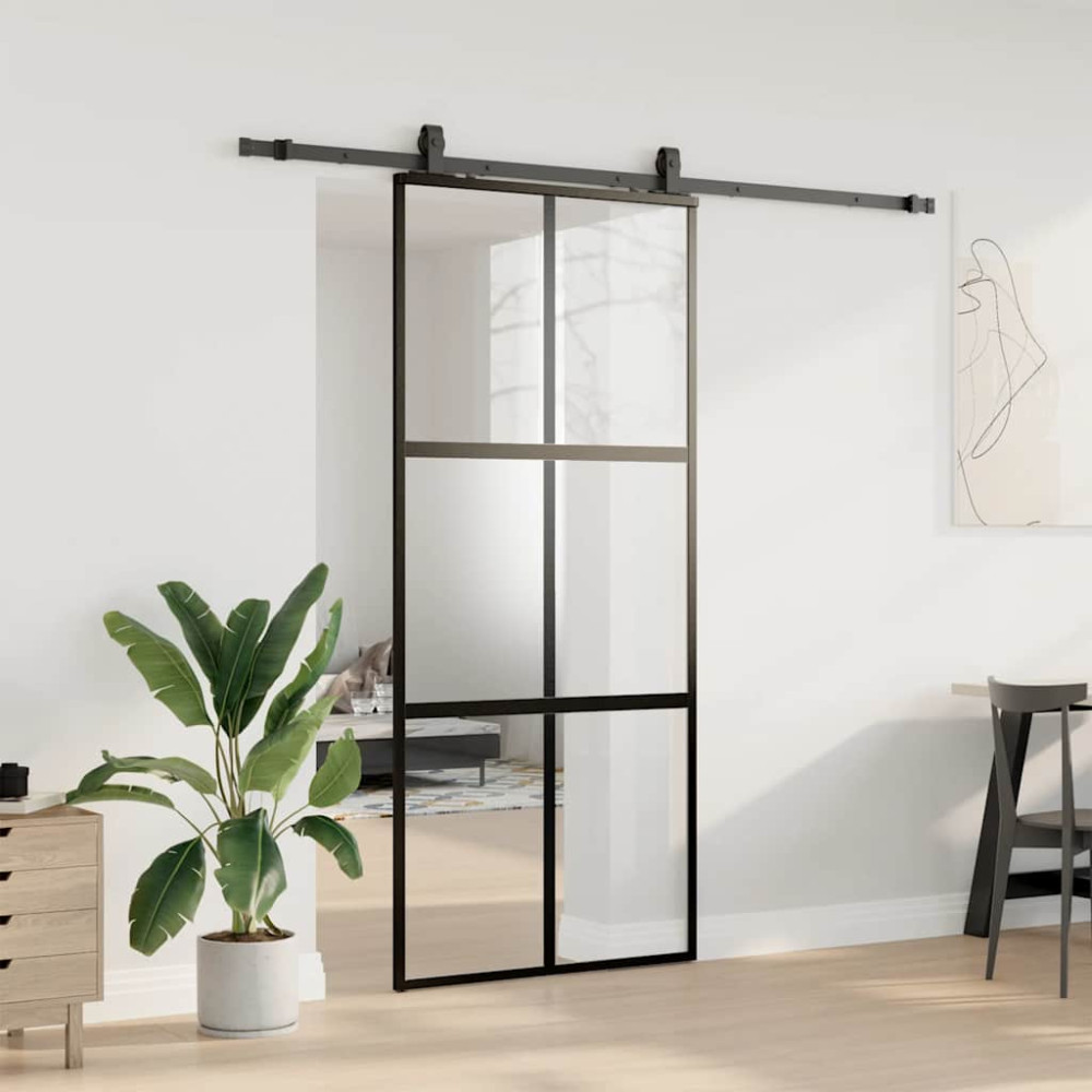 Produktbild för Skjutdörr med beslagssats svart 90x205 cm härdat glas