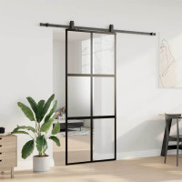 Produktbild för Skjutdörr med beslagssats svart 90x205 cm härdat glas