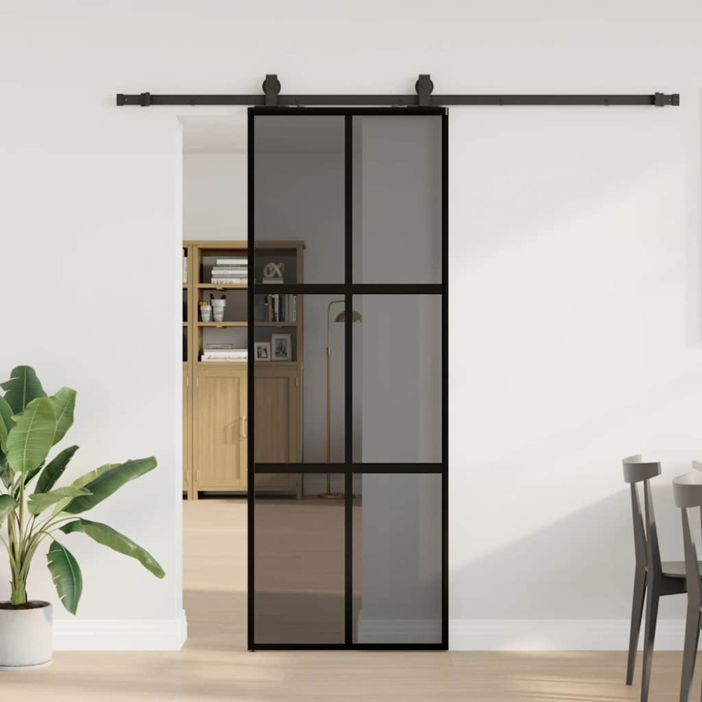 Produktbild för Skjutdörr med beslag svart 76x205 cm härdat glas