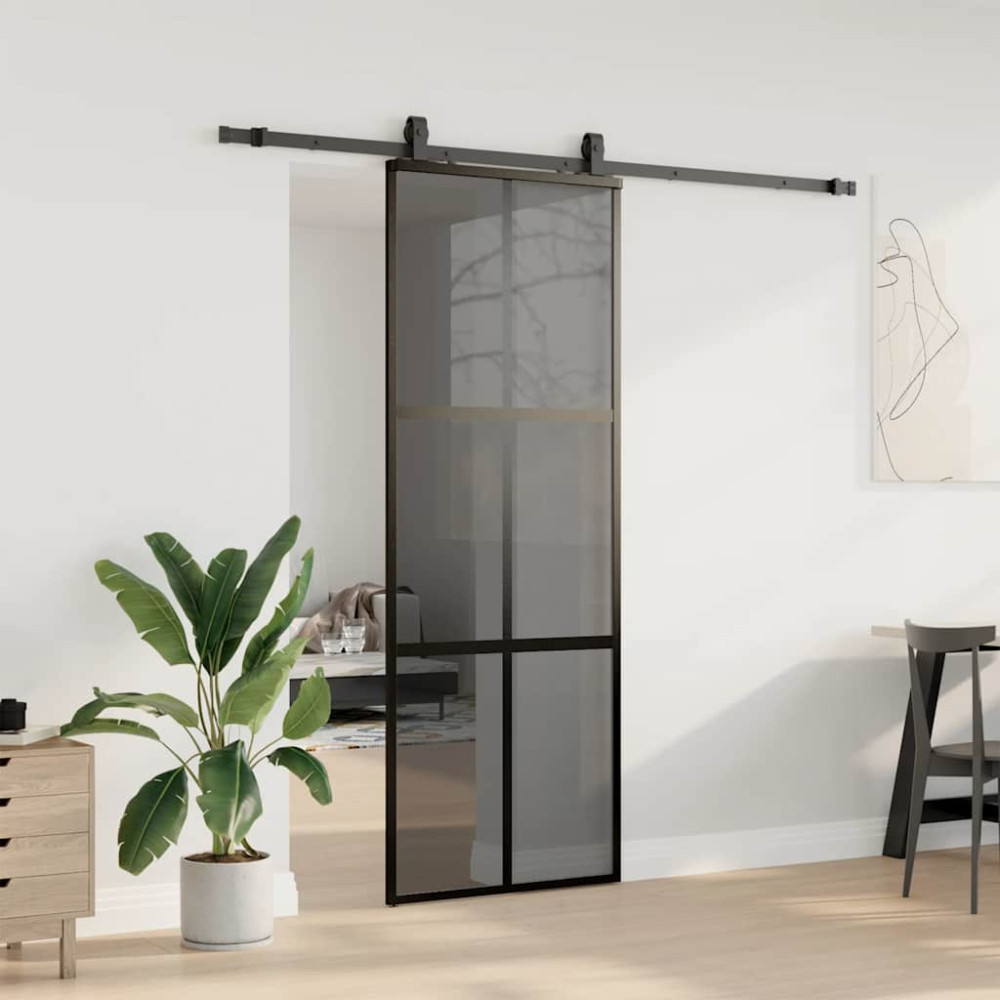 Produktbild för Skjutdörr med beslag svart 76x205 cm härdat glas