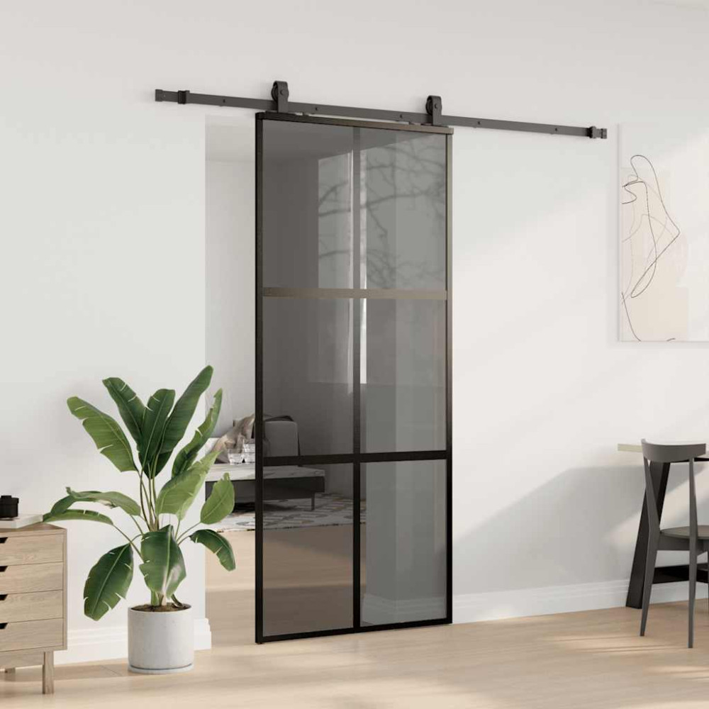 Produktbild för Skjutdörr med beslagssats svart 90x205 cm härdat glas