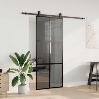 Produktbild för Skjutdörr med beslagssats svart 90x205 cm härdat glas