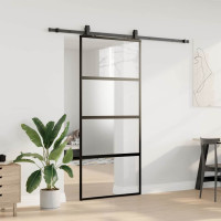 Produktbild för Skjutdörr med beslagssats svart 90x205 cm härdat glas