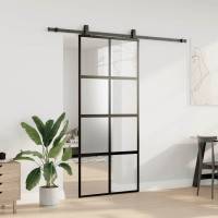 Produktbild för Skjutdörr med beslagssats svart 90x205 cm härdat glas