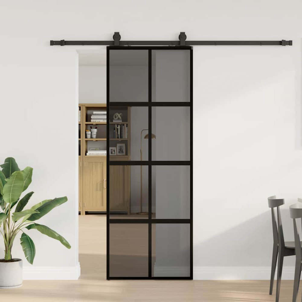 Produktbild för Skjutdörr med beslag svart 76x205 cm härdat glas