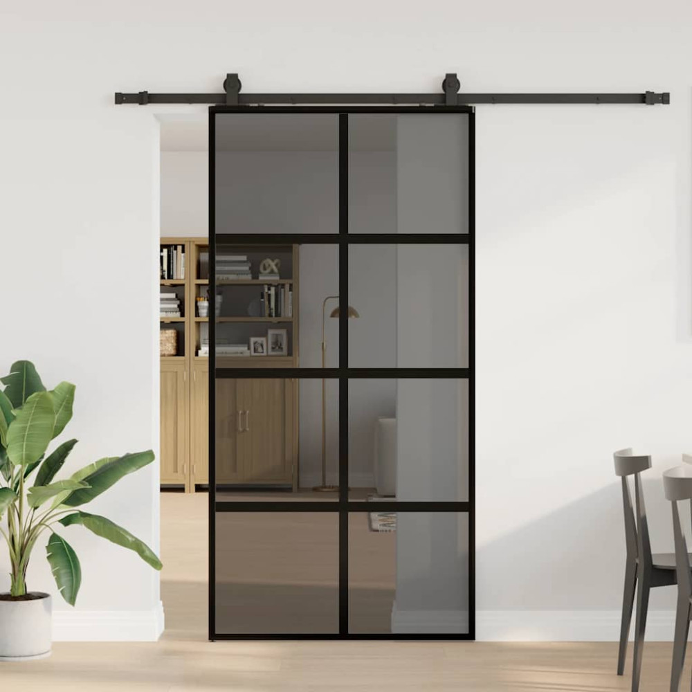 Produktbild för Skjutdörr med beslag svart 102,5x205 cm härdat glas