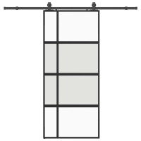 Produktbild för Skjutdörr med beslagssats svart 90x205 cm härdat glas