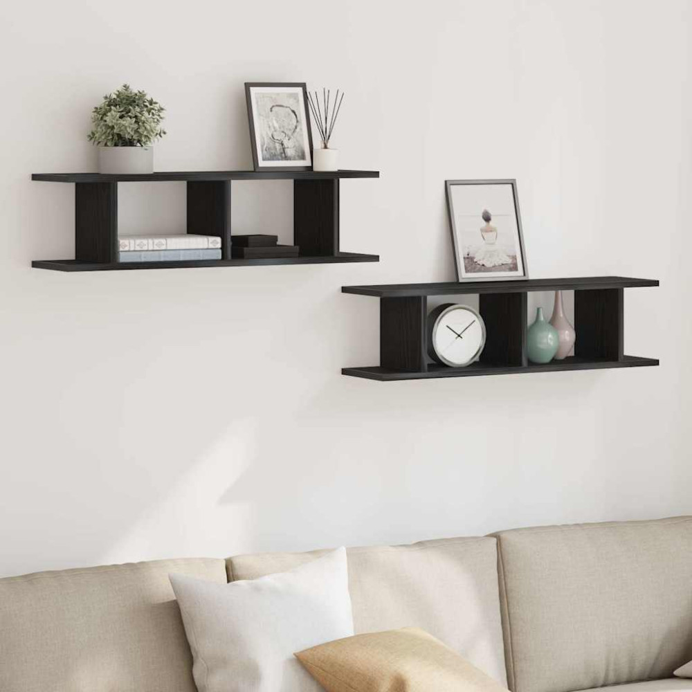 Produktbild för Vägghyllor 2 st svart ek 75x18x20 cm konstruerat trä