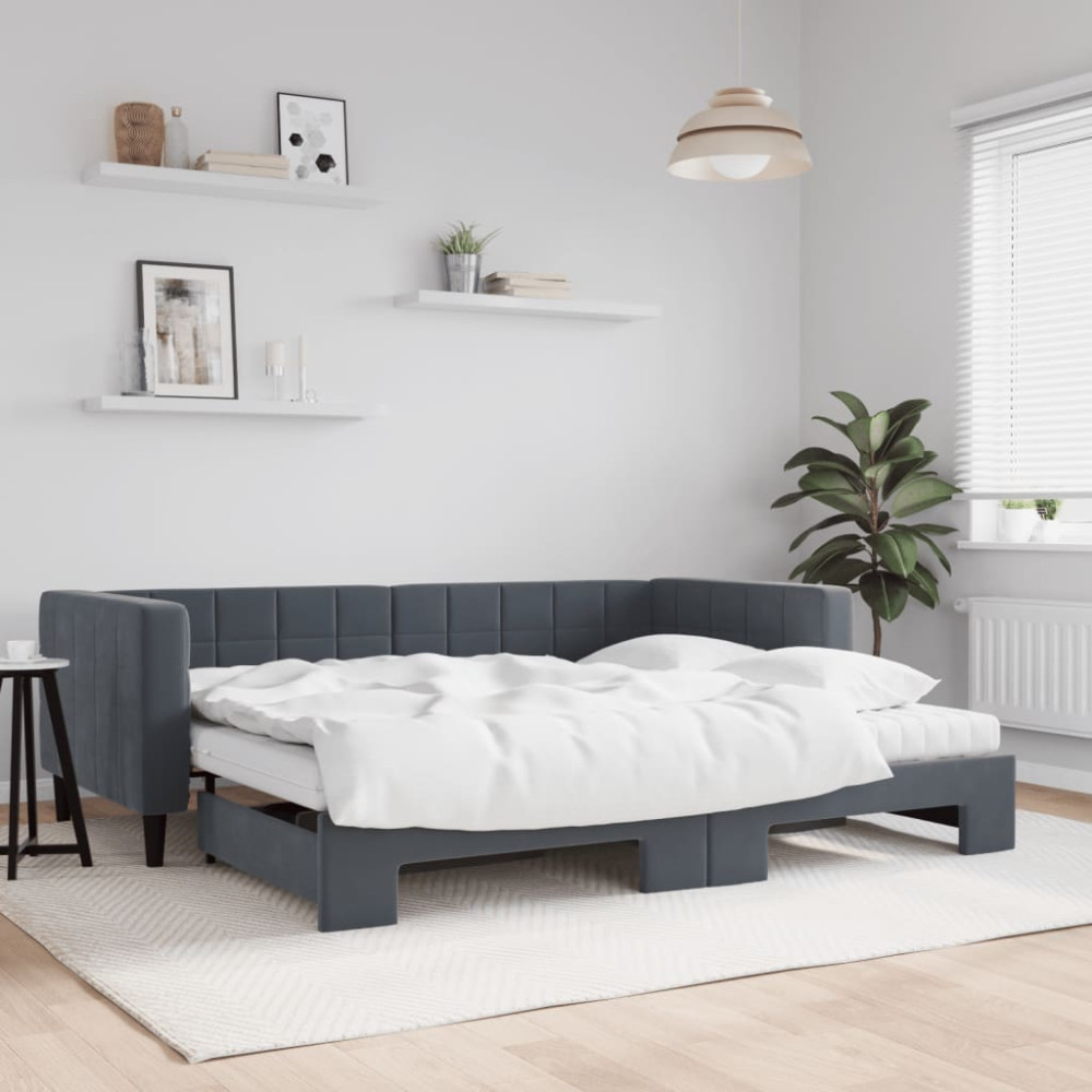 Produktbild för Dagbädd utdragbar och madrasser mörkgrå 90x190 cm sammet