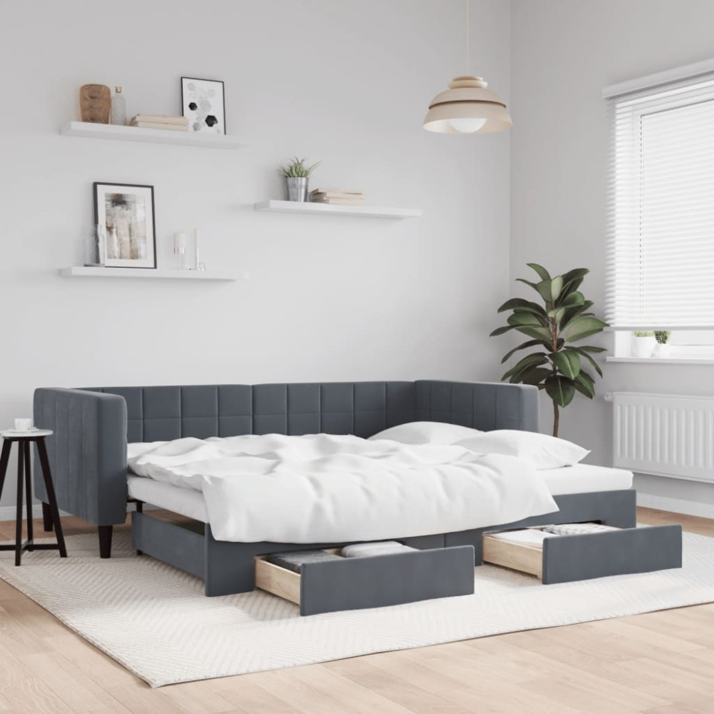Produktbild för Dagbädd utdragbar med lådor mörkgrå 90x190 cm sammet