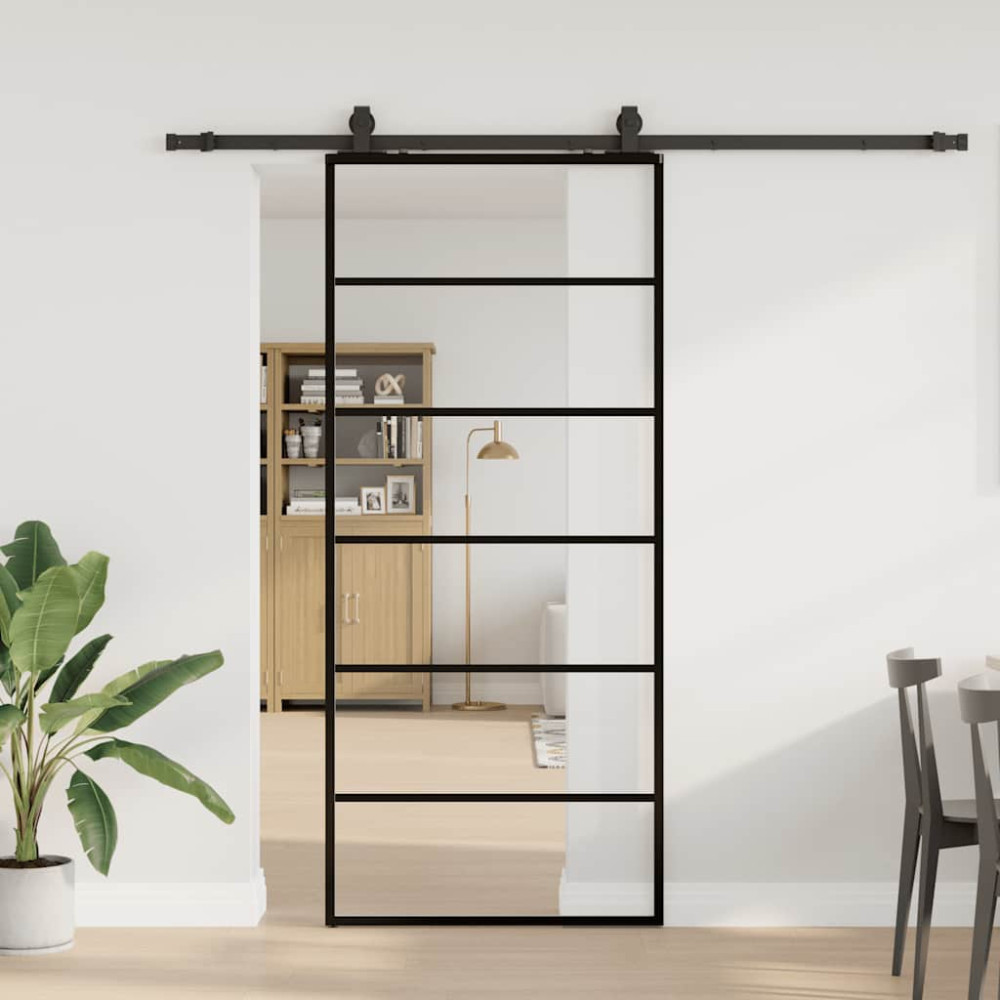 Produktbild för Skjutdörr med beslag svart 90x205 cm ESG-glas