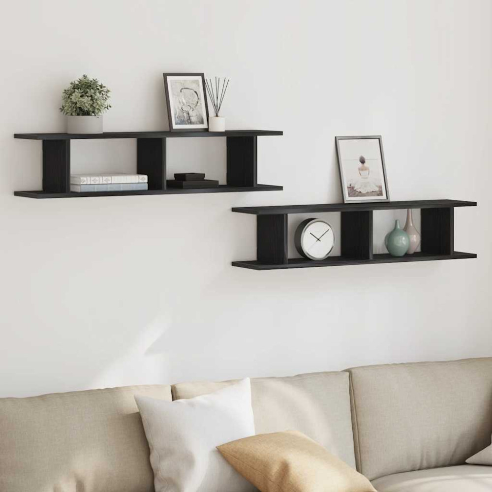 Produktbild för Vägghyllor 2 st svart ek 90x18x20 cm konstruerat trä