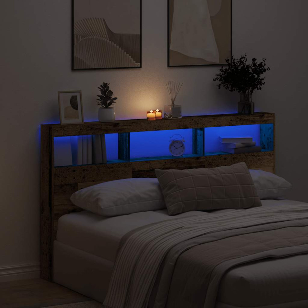 Produktbild för Skåp till sänggavel med LED gammalt trä 180x17x102 cm