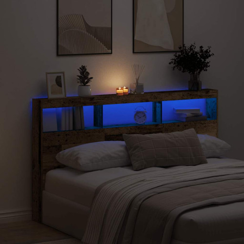 vidaXL Skåp till sänggavel med LED gammalt trä 180x17x102 cm