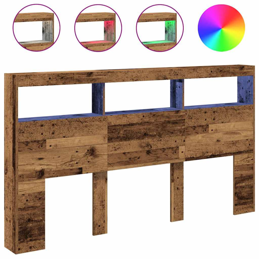 Produktbild för Skåp till sänggavel med LED gammalt trä 180x17x102 cm