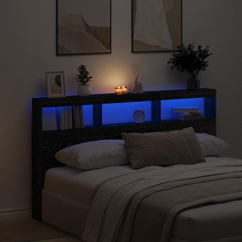 Produktbild för Skåp till huvudgavel med LED svart ek 180x17x102 cm