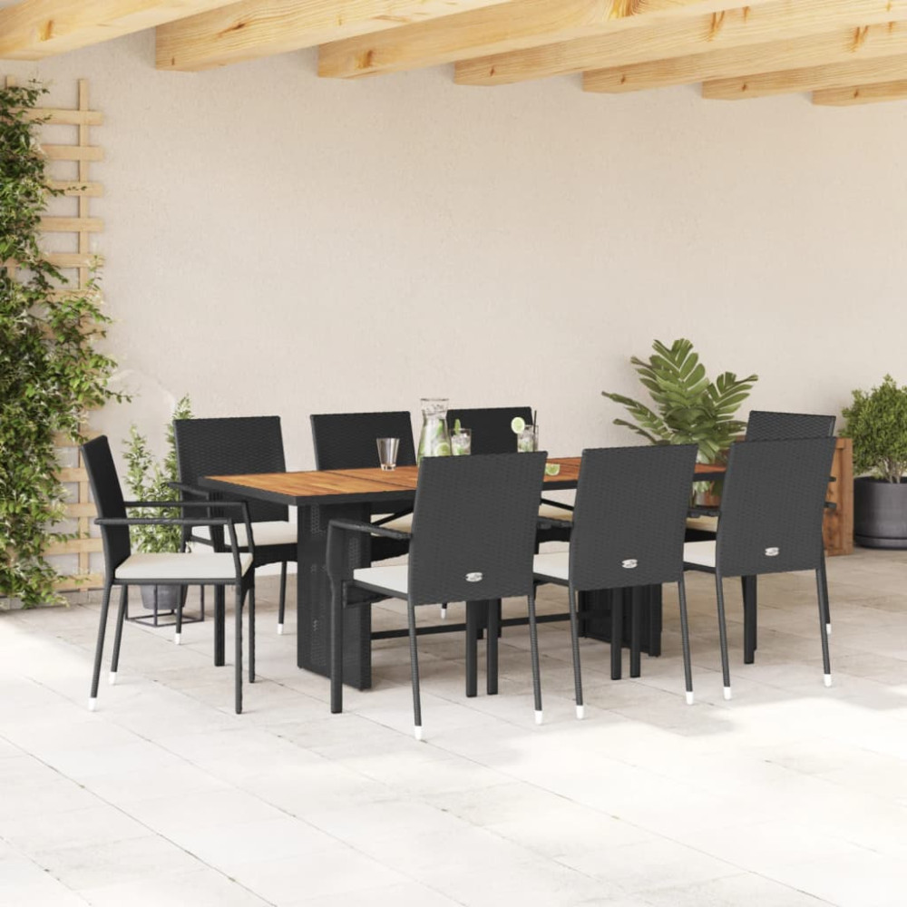 Produktbild för Matgrupp för trädgården med dynor 9 delar svart konstrottning