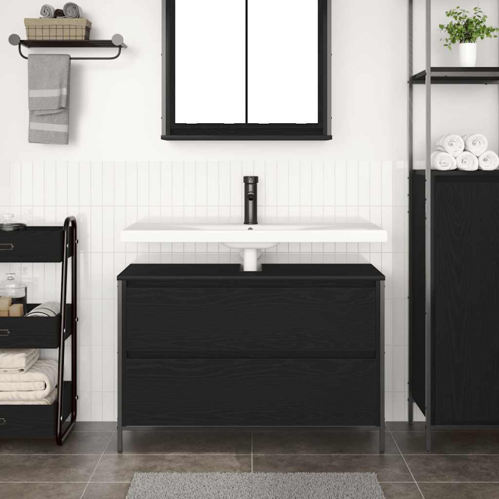 Produktbild för Tvättställsskåp med lådor svart ek 90x34,5x60 cm