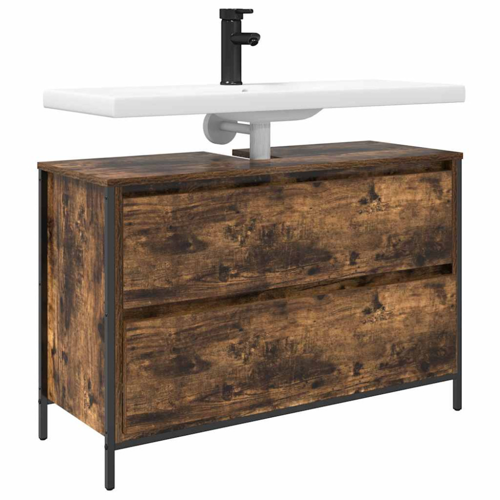 Produktbild för Tvättställsskåp med lådor rökfärgad ek 90x34,5x60 cm