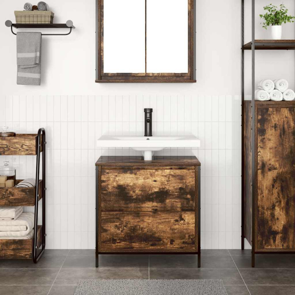 Produktbild för Tvättställsskåp med lådor rökfärgad ek 60x34,5x60 cm