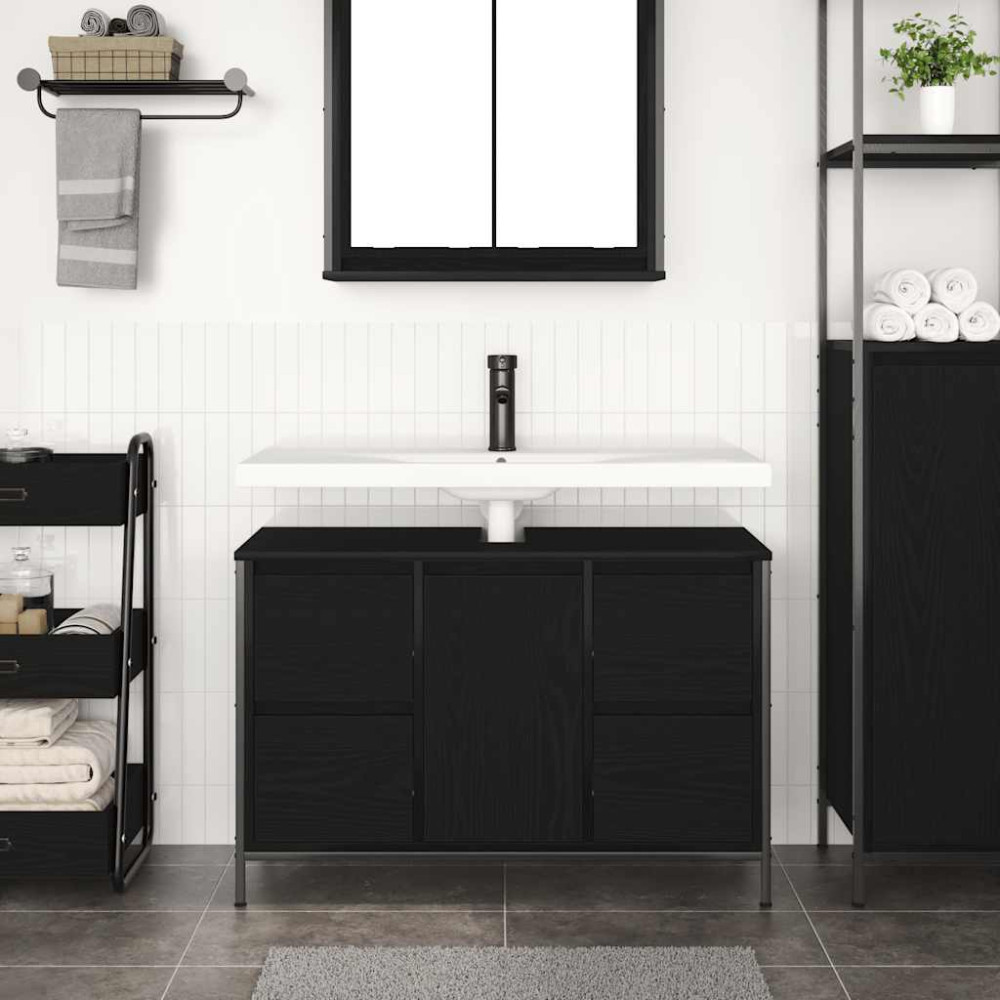 Produktbild för Tvättställsskåp med lådor svart ek 90x34,5x60 cm