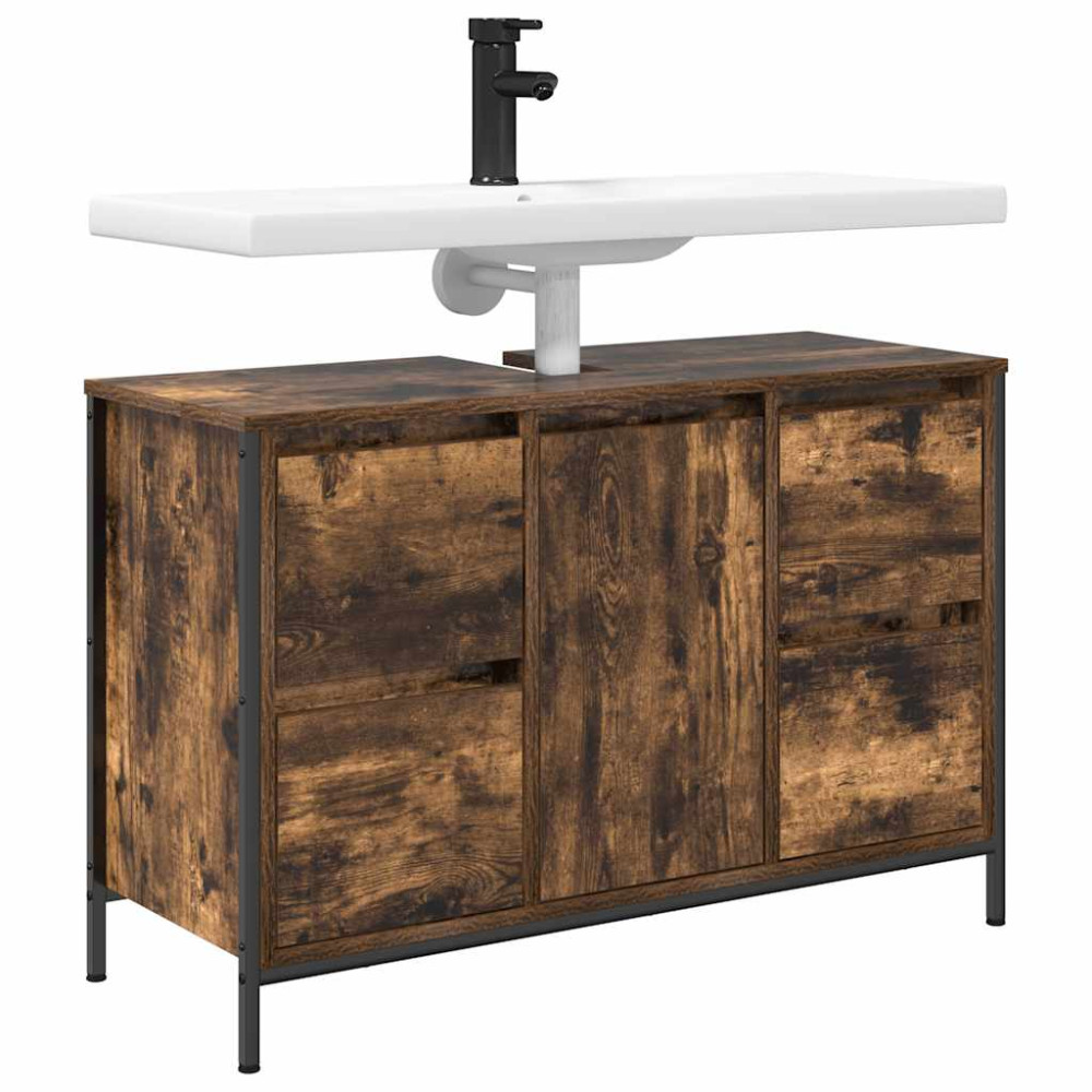 Produktbild för Tvättställsskåp med lådor rökfärgad ek 90x34,5x60 cm
