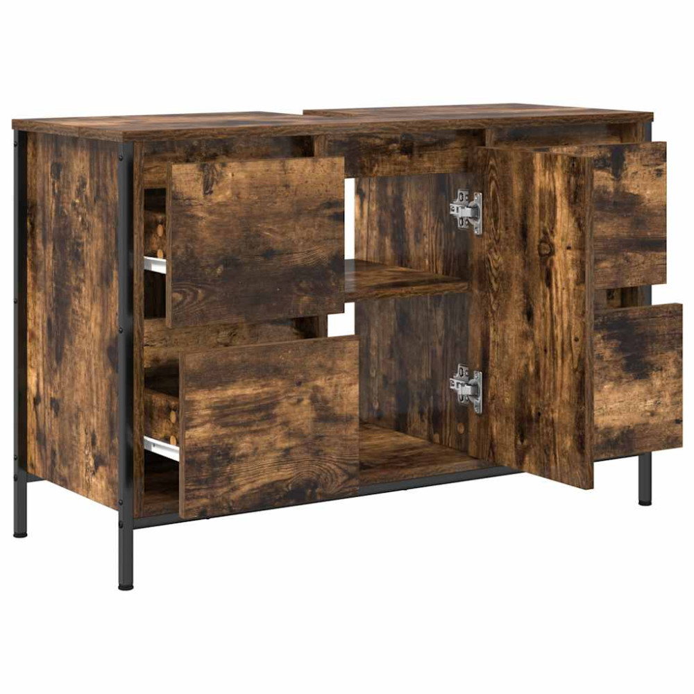 Produktbild för Tvättställsskåp med lådor rökfärgad ek 90x34,5x60 cm