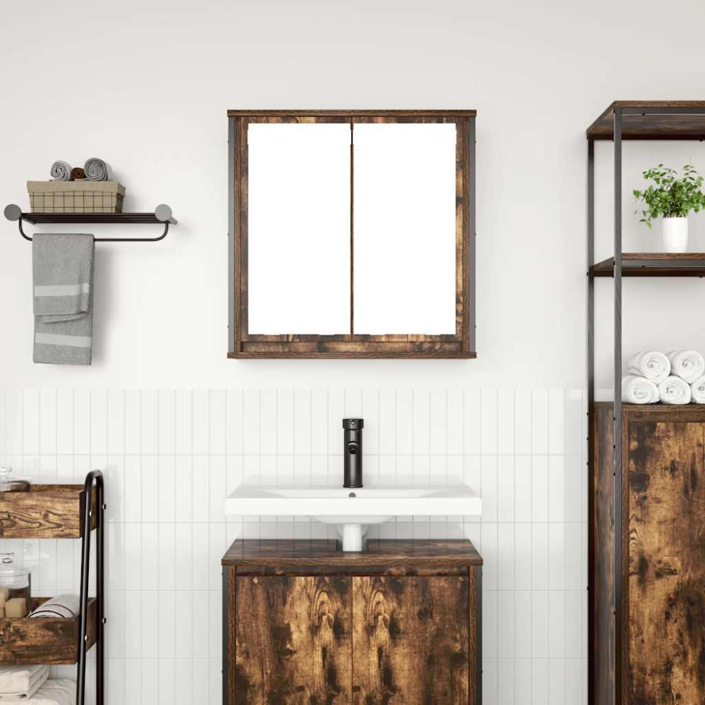 Produktbild för Väggskåp för badrum med spegel rökfärgad ek 60x21x60 cm