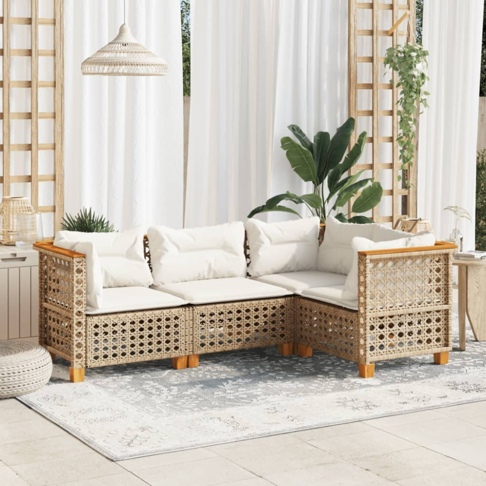 Produktbild för Soffgrupp för trädgård med dynor 4 delar beige konstrotting