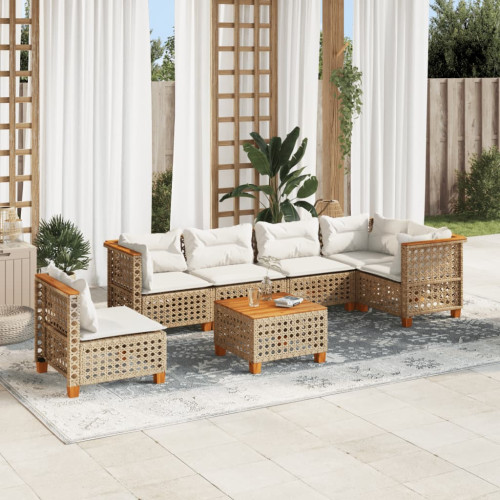 vidaXL Matgrupp för trädgården med dynor 7 delar beige konstrotting