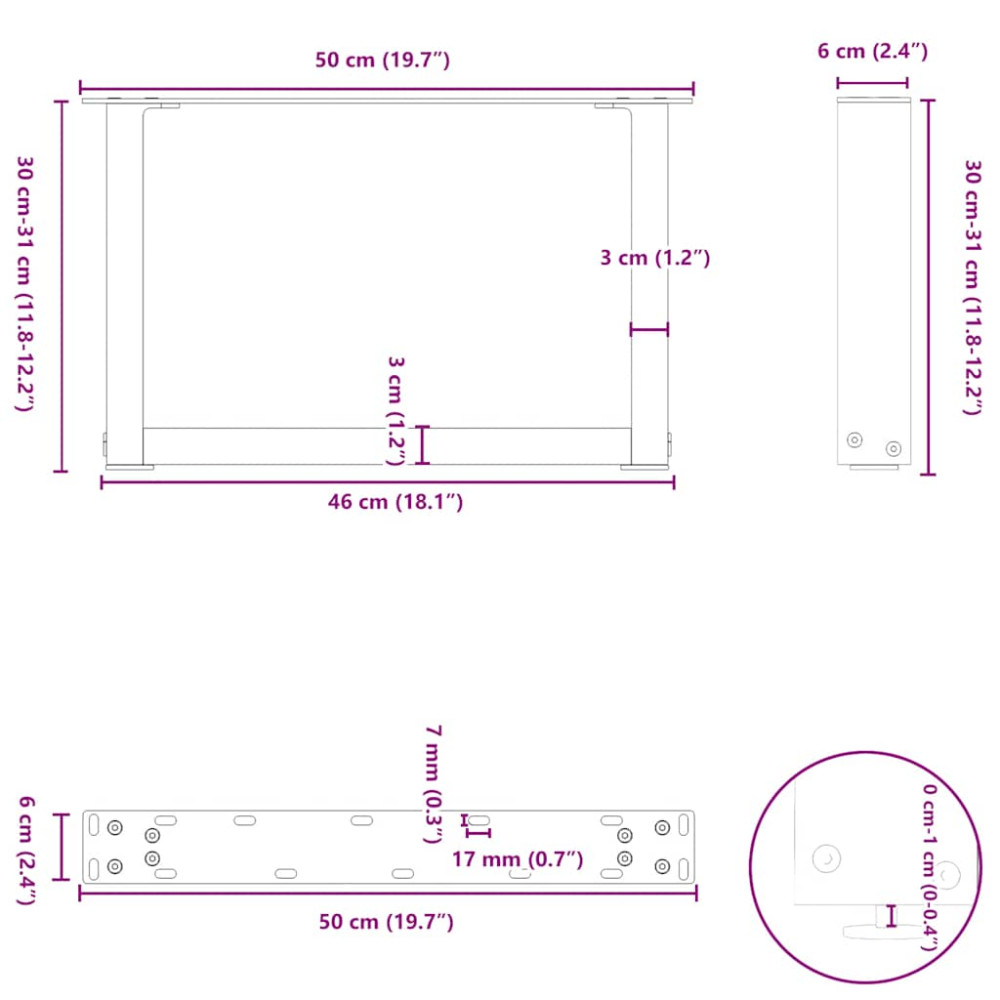 Produktbild för Soffbordsben U-formade 2 st naturstål 50x(30-31) cm stål