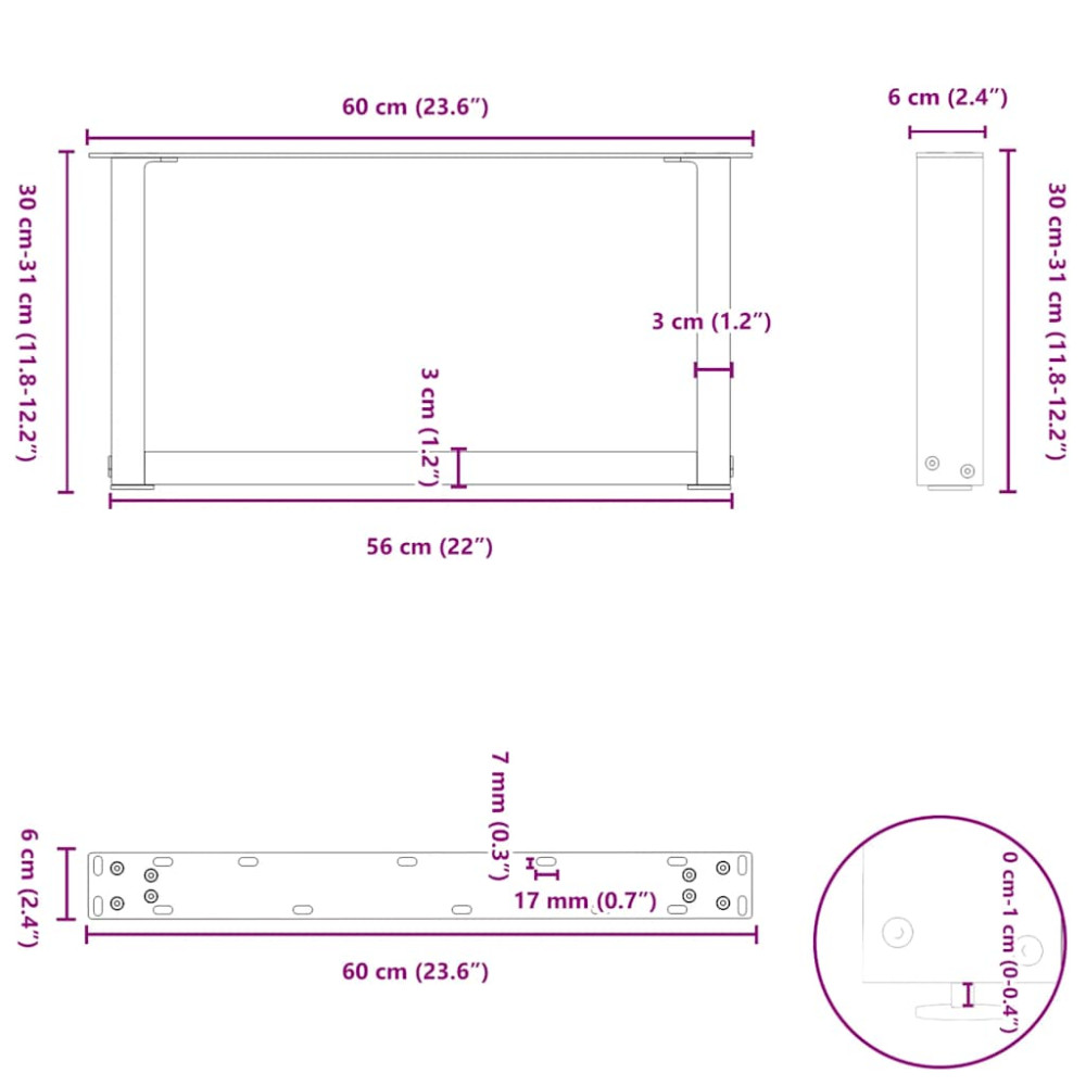 Produktbild för Soffbordsben U-formade 2 st naturstål 60x(30-31) cm stål