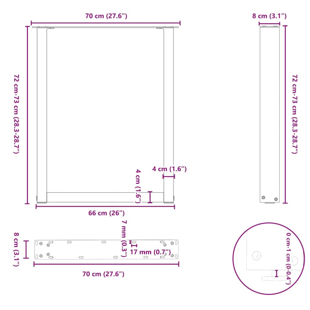 Produktbild för Matbordsben U-formade 2 st naturstål 70x(72-73) cm stål
