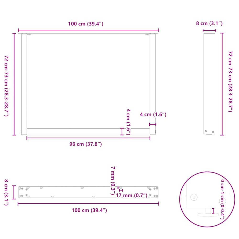 Produktbild för Matbordsben U-formade 2 st naturstål 100x(72-73) cm stål