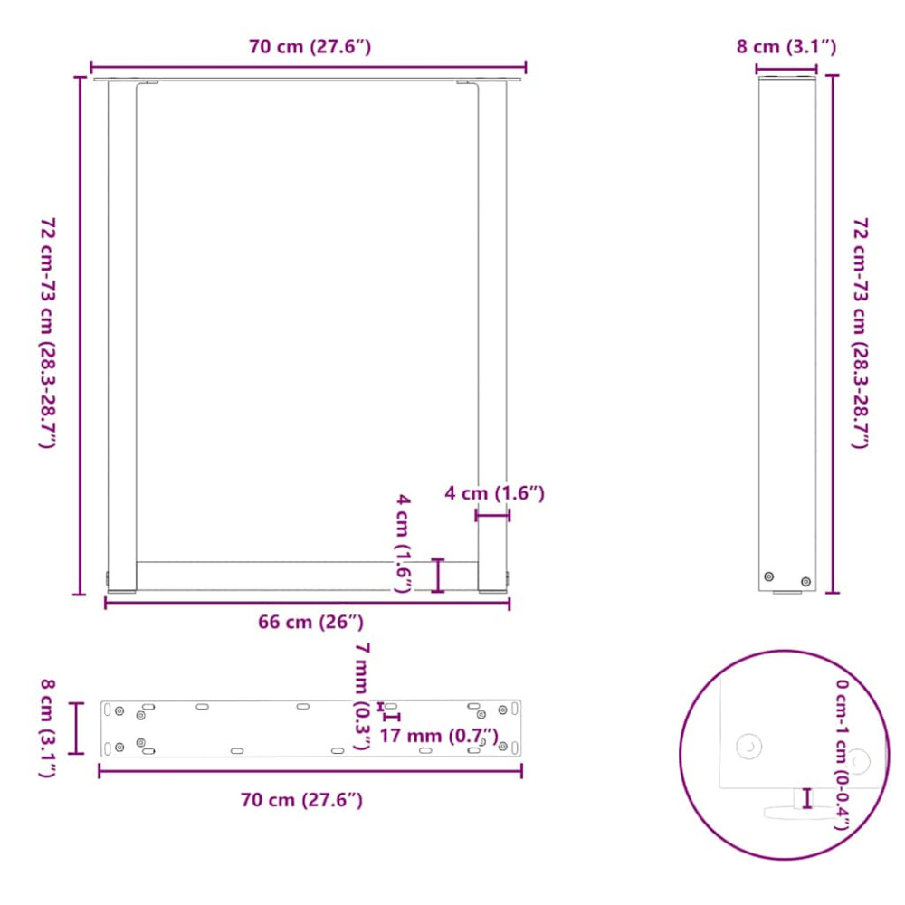 Produktbild för Matbordsben U-formade 3 st naturstål 70x(72-73) cm stål